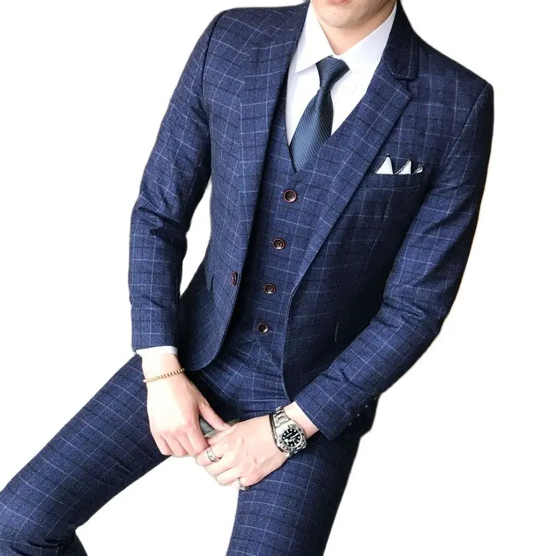 

Large Size Blue Plaid Suit 3-Piece Set for Men Fall/Winter New Blazer Jacket Pant Vest High Quality Wedding Party Male Clothing