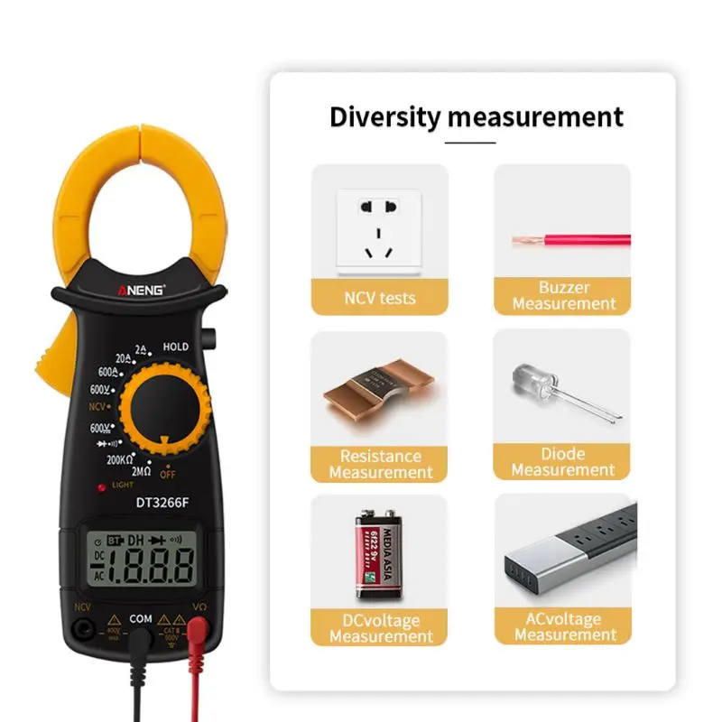 

DT3266F Digital Clamp Multimeter AC/DC Voltage Ampere NCV Resistance Diode Test