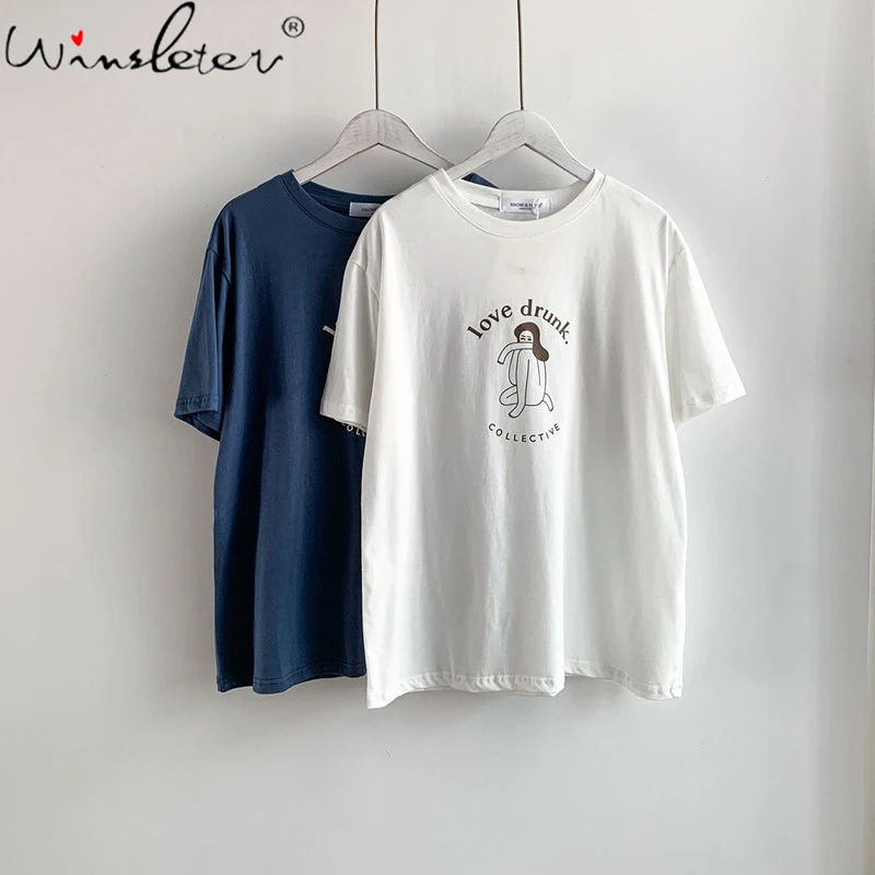 

Loose T-shirt Women Girls Casual White Tee Print O-neck Short Sleeve Cotton Comfortable Tshirt Tops Summer 2021 T14604A