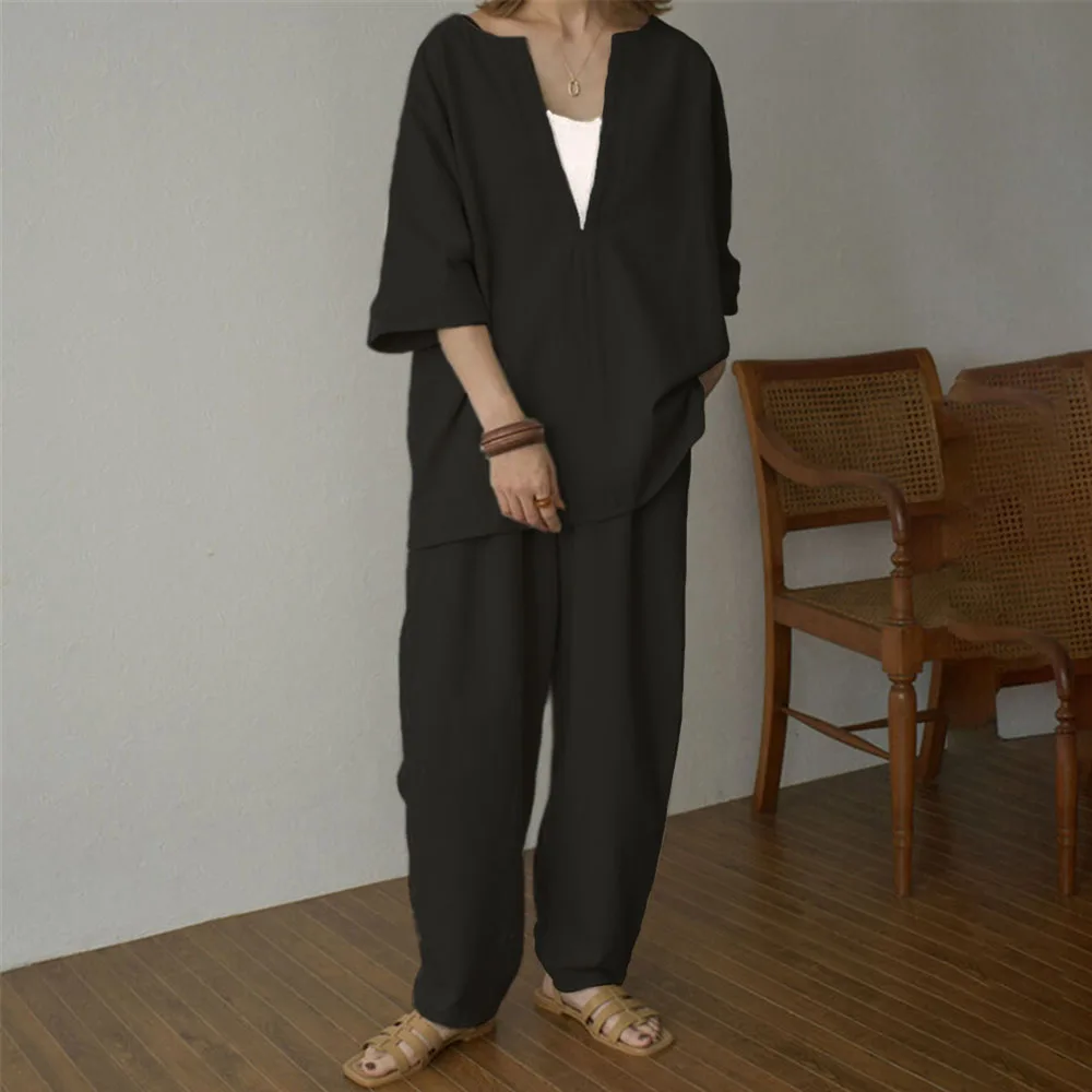 

Two Piece Sets Women Black Shirt Short Sleeve And Loose Wide Leg Plain Casual Trousers Ladies Fashion Pullover Fashionable Setup