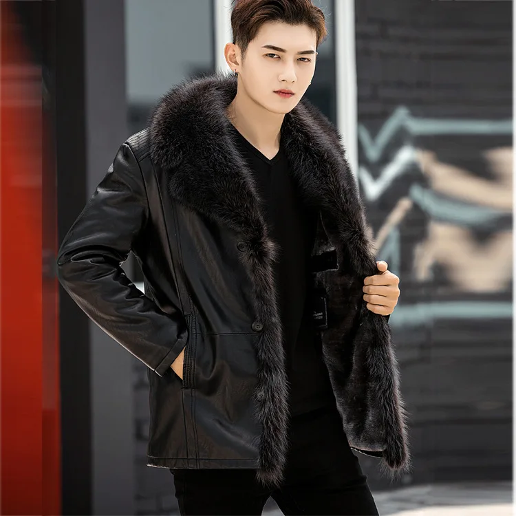 Mens Winter Fur Coats Long Sheepskin Leather Jackets Raccoon Collar Windbreaker Outerwear Outdoor Snow Overcoat Plus Size | Мужская
