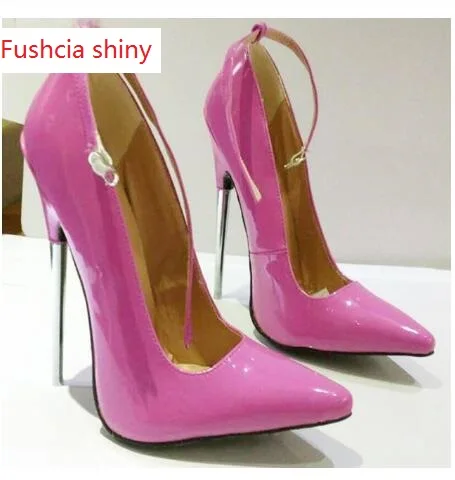 Fushcia Shiny Женские туфли-лодочки на высоком каблуке 7 дюймов туфли с пряжкой на шпильке с острым носком и ремешком на щиколотке 18 см туфли для танцев на тонком металлическом каблуке красного цвета - Цвет: Fushcia Shiny