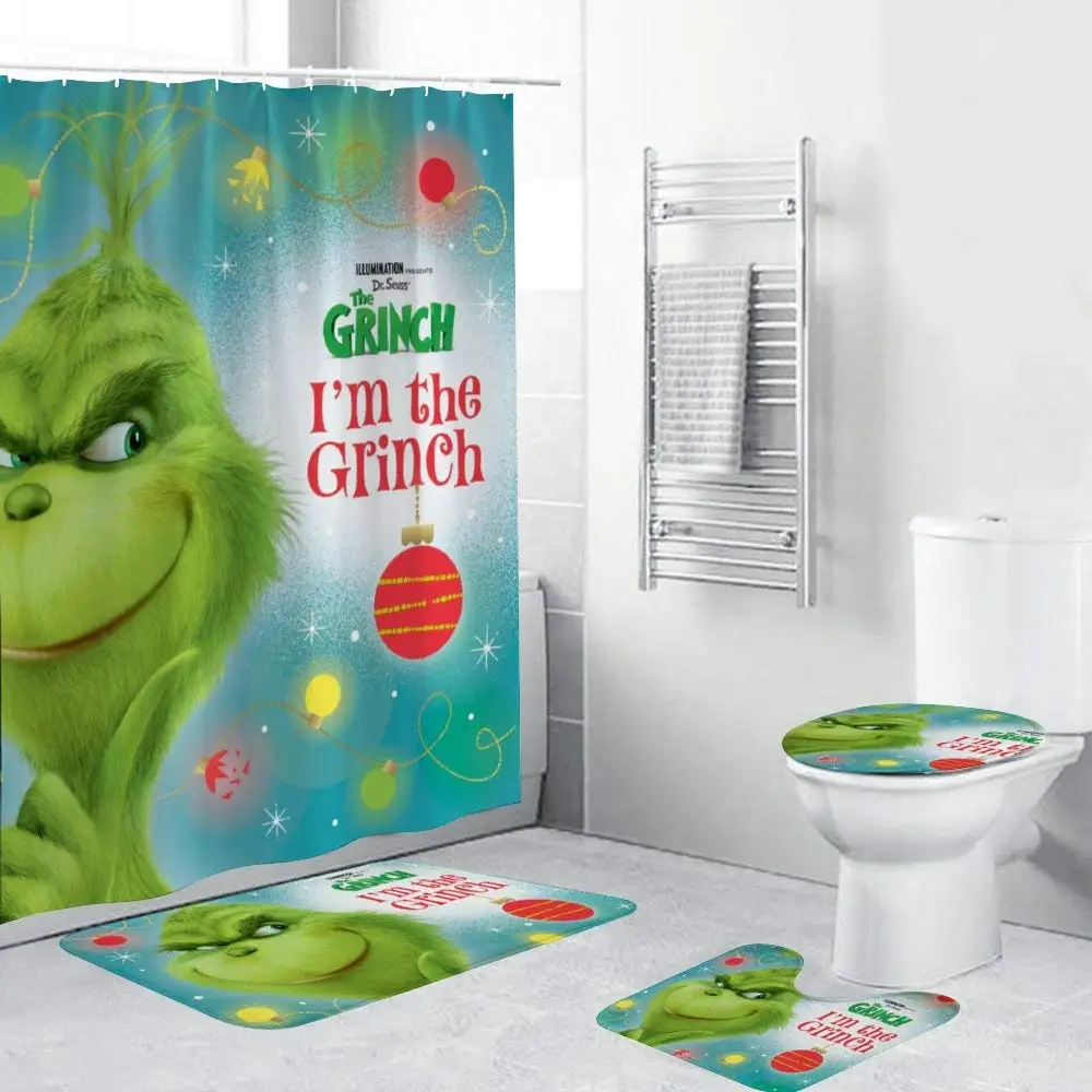 The Grinch Movie Christmas Waterproof Shower Curtain Carpet Cover Toilet Bath Mat Pad 4 Piece Set 3D Print Bathroom Decor | Дом и сад