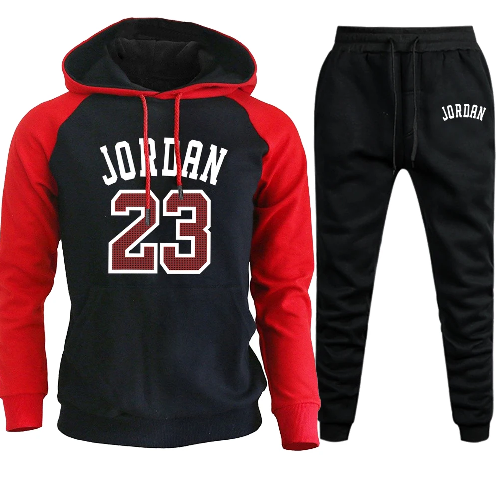 red black6 Jordan 23 Tracksuit Men Sets Winter Hoodies Pants 2 Piece Set Fashion Hoody Mens Sweatshirt Sport Joggers Sweatpants Suit - Цвет: red black6
