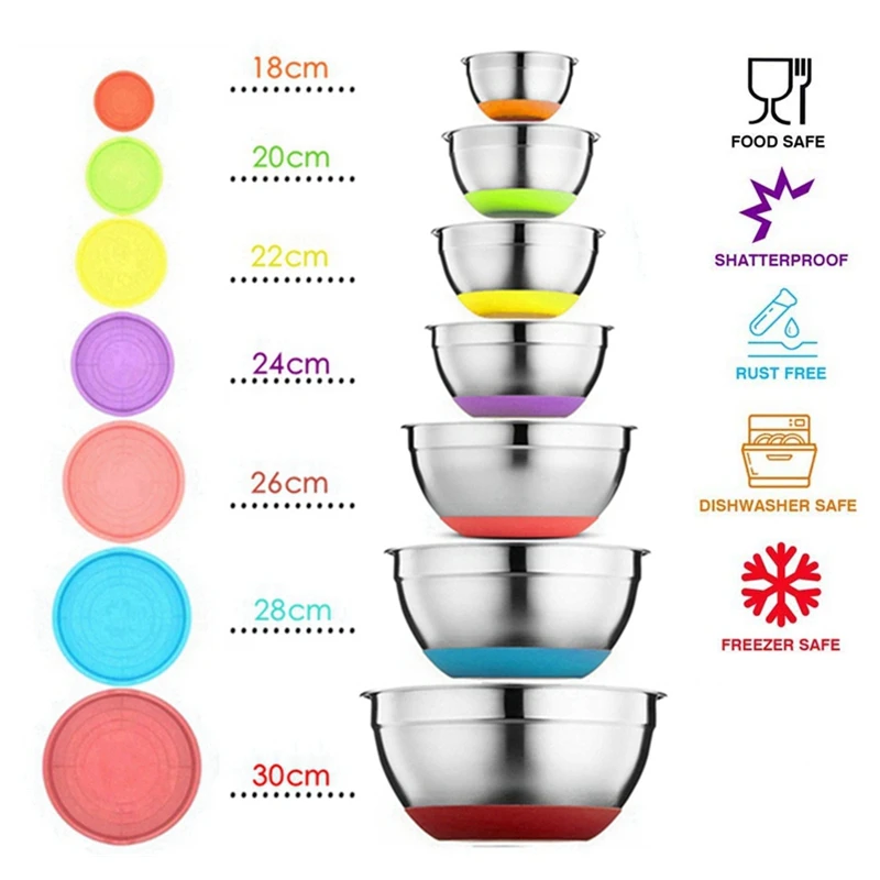 7 Colors Stainless Steel Mixing Bowl With Lid Home Kitchen Egg Mixer Salad Bowls Non-slip Silicone Bottom Food Storage Bowl Set