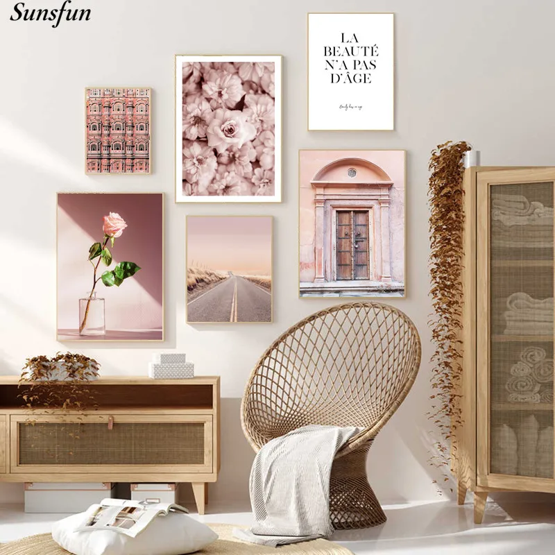 Розовые цветы плакат Исламская церковь здание искусство стены холст печать