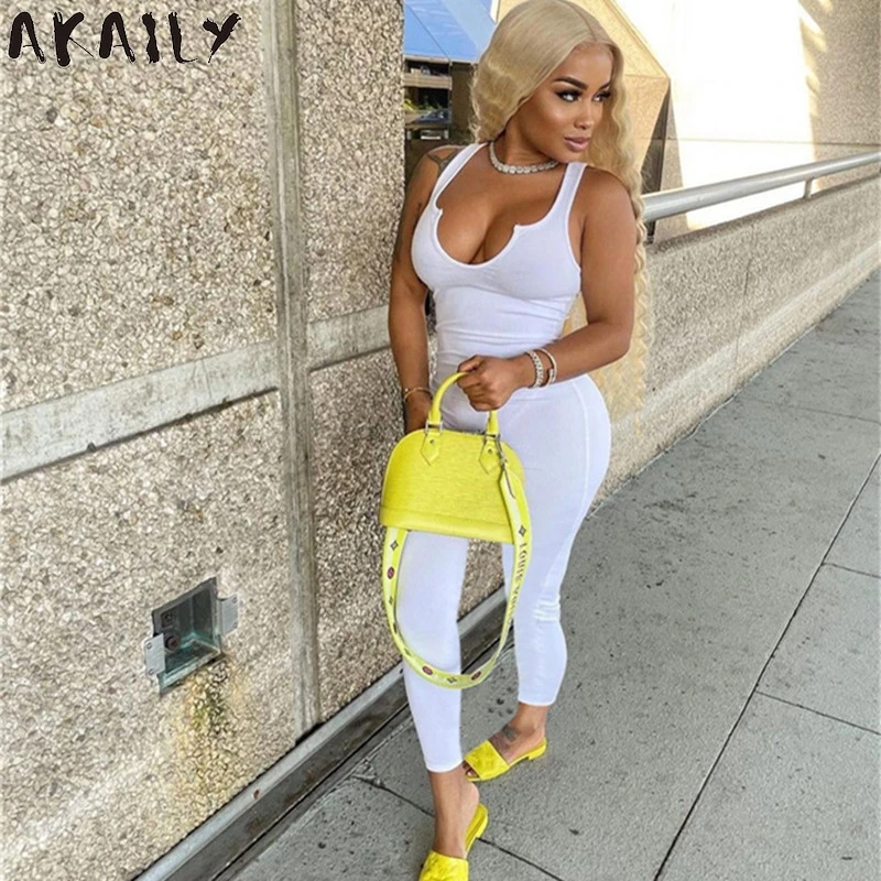 

Akaily 2021 Summer Streetwear Black Slim Jumpsuit Women White Deep V Neck Sleeveless Bodycon Female Jumpsuit One Piece Outfit