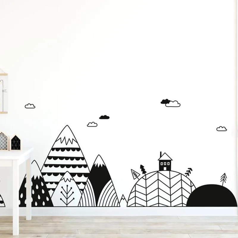 

Scandinavian Mountains and Hills Wall Sticker Bedroom Kids Room Nordic Mountain Tree Cloud Village Wall Decal Vinyl Decor