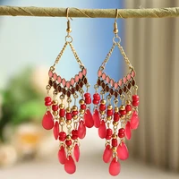 classic fan shape dangle hanging earrings for women ethnic red crystal bead long tassel wedding earrings bohemian summer jewelry
