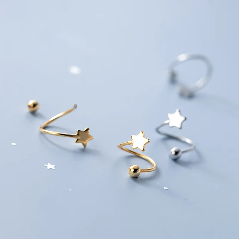 

Authentic Real 100% 925 Sterling Silver JewelryWhite/Gold Ear-Bone Star &Ball Piercing Twist Stud Spiral Earrings