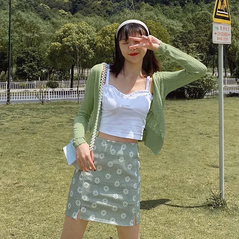 

Women's Summer High Waist Plaid Bag Hip Skirt Female Printing Anti-glare Skirts