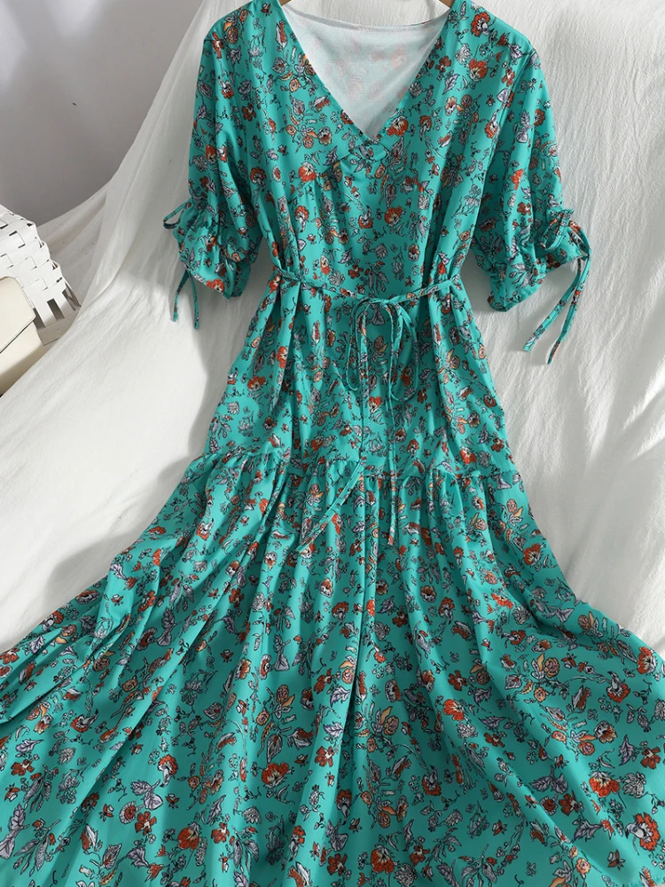 

Aibeautyer New Summer Casual Slim Print Short Lady Dress A Line V Neck Puff Sleeve Chiffon Pullover Women Dresses