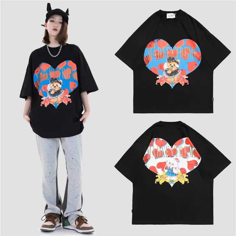 

Men Cotton T Shirt Oversized T-shirt Men's Clothing Tshirts Graphic Anime Comfortable Hip-hop Print Bear Heart