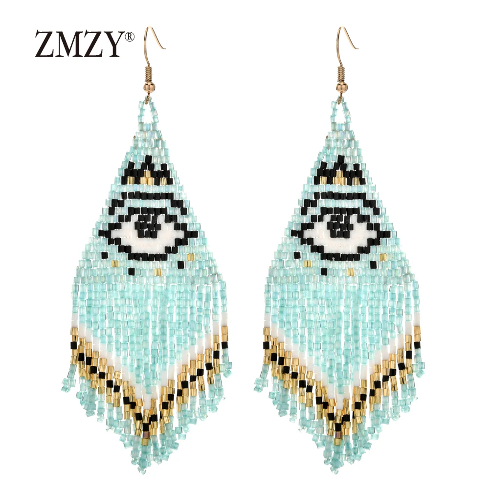 Женские богемные сережки подвески ZMZY большие длинные дурной глаз с плетеными