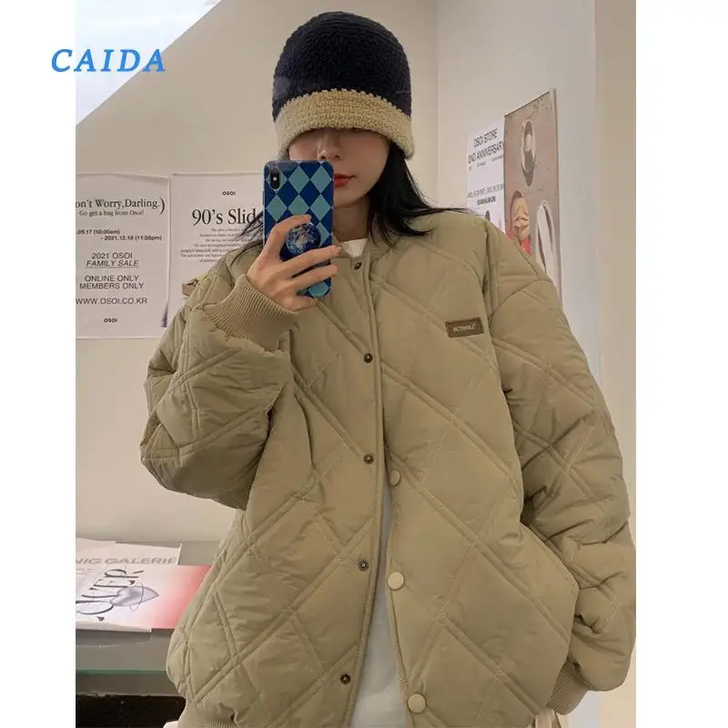 

CAIDA Winter 2022 Bomber Jacket Women Long Army Green Beige Black Warm Zipper Pockets Winter Coat Female Jacket Parkas