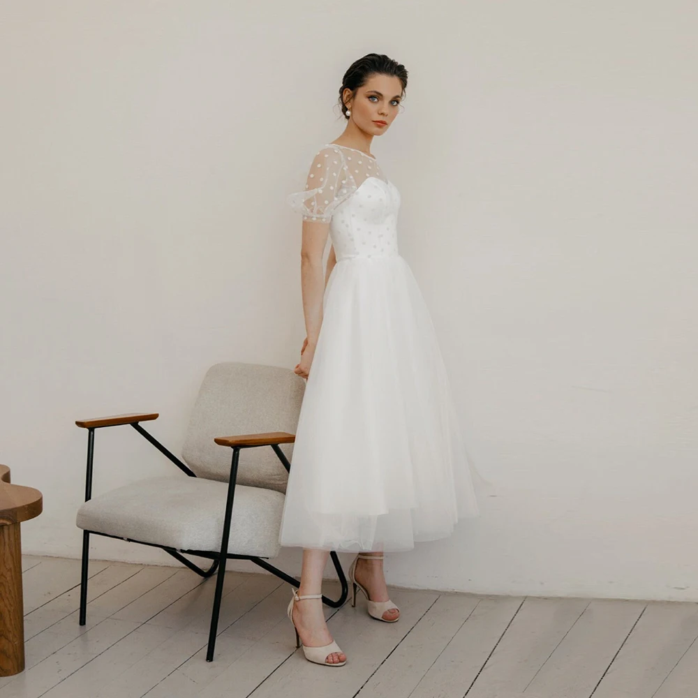 

Pretty Short Engagement Wedding Dress With Short Sleeves Elegant Ankle Length Bridal Gown For Girl A Line Robe De Mariage Femme