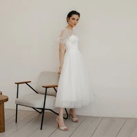 pretty short engagement wedding dress with short sleeves elegant ankle length bridal gown for girl a line robe de mariage femme