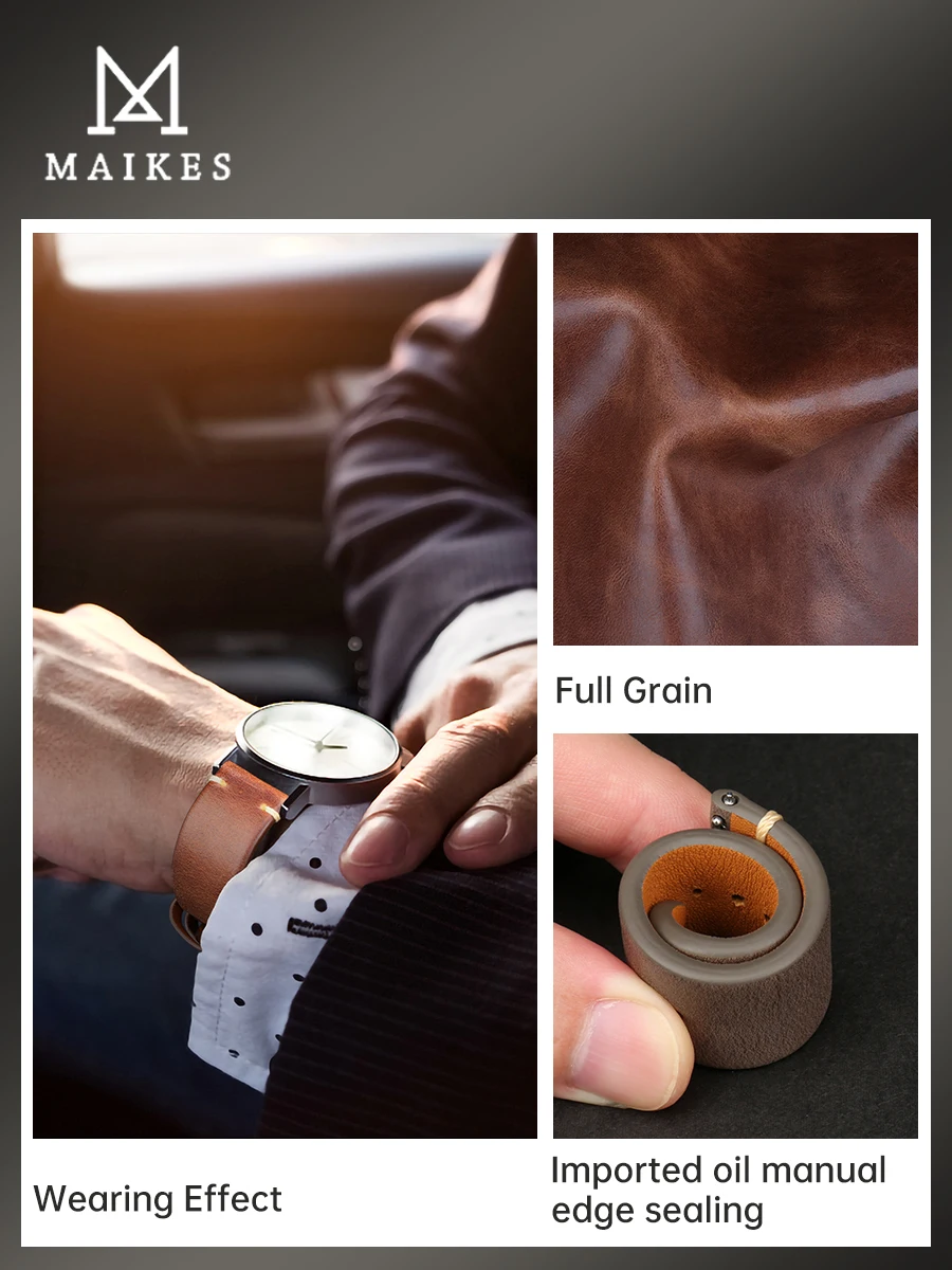 MAIKES Genuine Calfskin Leather Watchband 20mm 22mm 24mm Retro Straps With Solid Automatic Butterfly Buckle Business Watch Band
