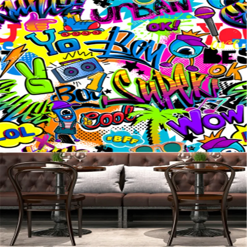Palm Tree Hand Scroll Wall Paper Mural Wheel Voice Cloud Sunglasses Record Player Graffiti Bar Industrial Decoration Wallpaper