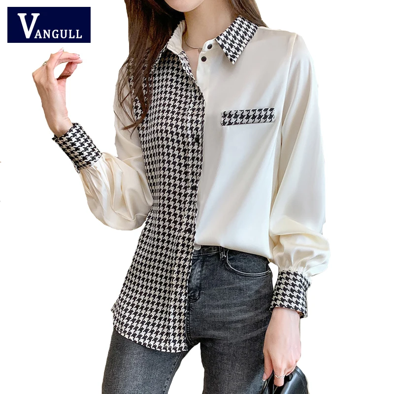 

Vangull Satin Chiffon Blouse Women Office Lady Spliced Tops Patchwork Korean Fashion Shirt Female Clothing Long Sleeve Plus size