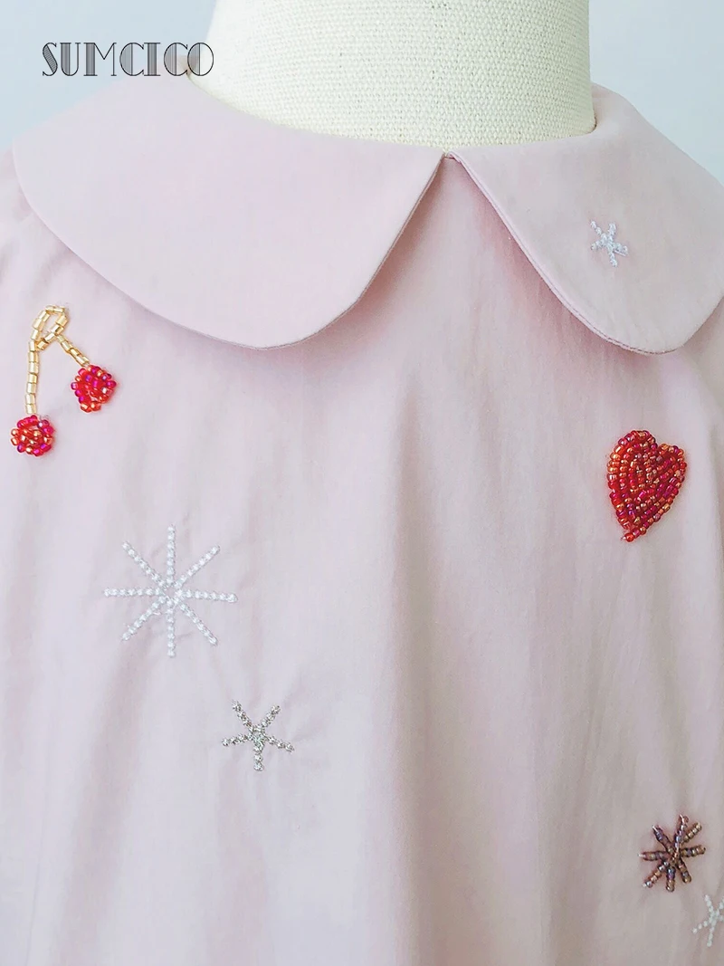 Хлопковое платье Sumcico для девочек с вышивкой бисером и блестками воротником в