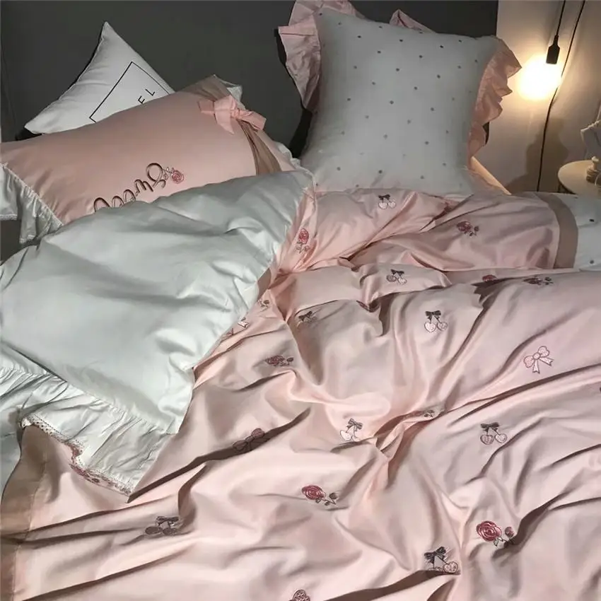 

Oriental Embroidery 100%Cotton Pink White Cute Modern Bedding Set Queen King size Princess Bed Sheet set Duvet Cover Pillowcases