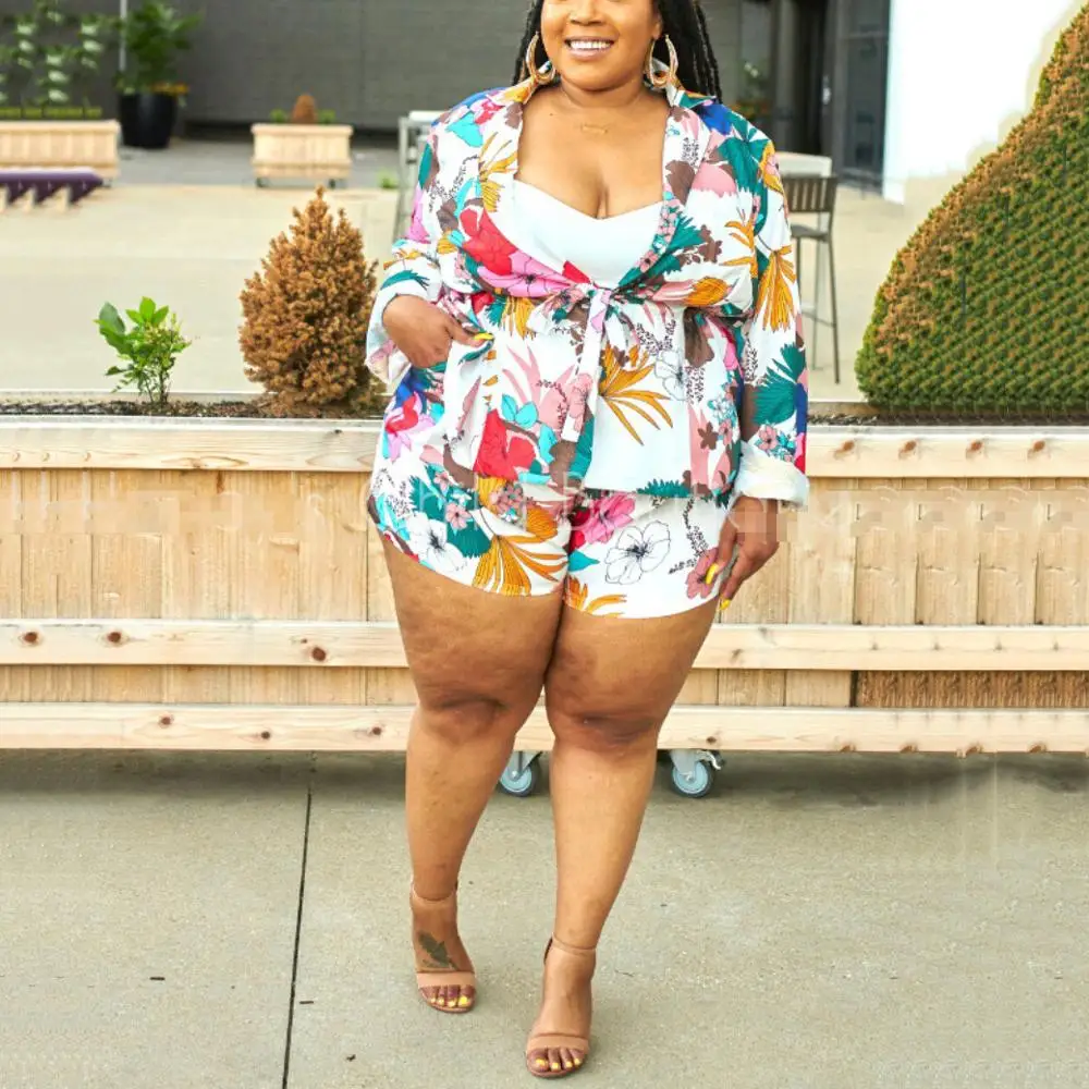 2 pieza de las mujeres conjuntos abrigo chaquetas blusas pantalones cortos conjuntos estampado Floral manga larga otoño moda 2020 Nuevos Sets