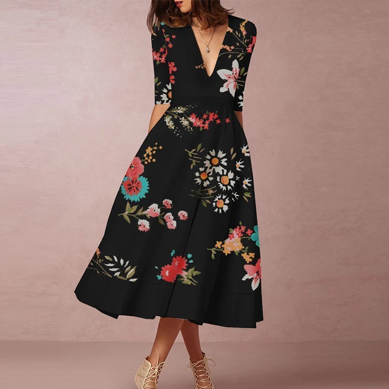 

2022Summer New Ladies Half-sleeved Office A-line Skirt Ladies Spring Print Loose Party Dress Sexy Deep V-neck Long Skirt Vestido