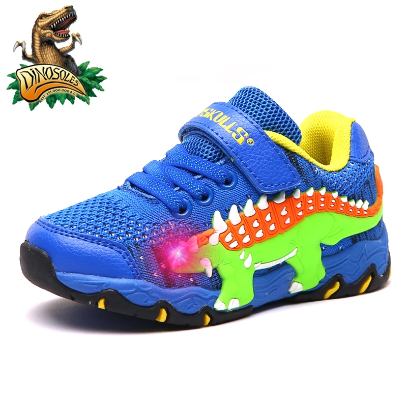 

DINOSKULLS Kids 20 Осенняя светодиодная обувь для бега для мальчиков с динозавром, светильник, детские кроссовки, модная дышащая сетчатая Уличная о...