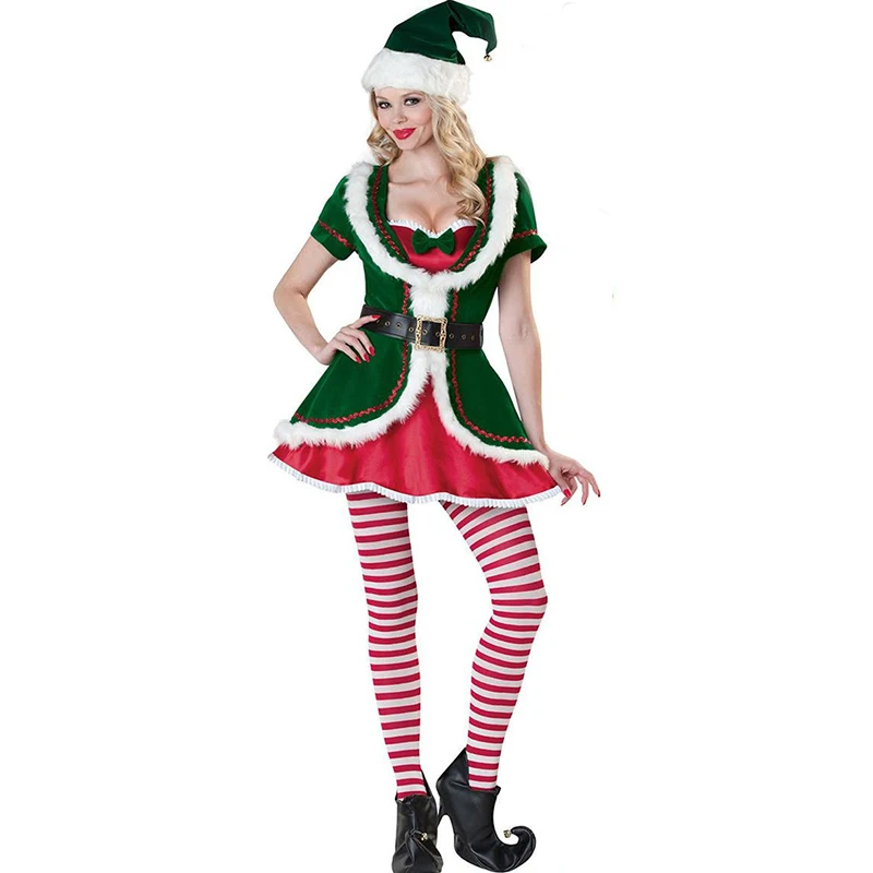 Deluxe Adult Christmas Santa Claus Costume Green Xmas Elf Couple Cosplay Carnival Macot Party Fancy Dress