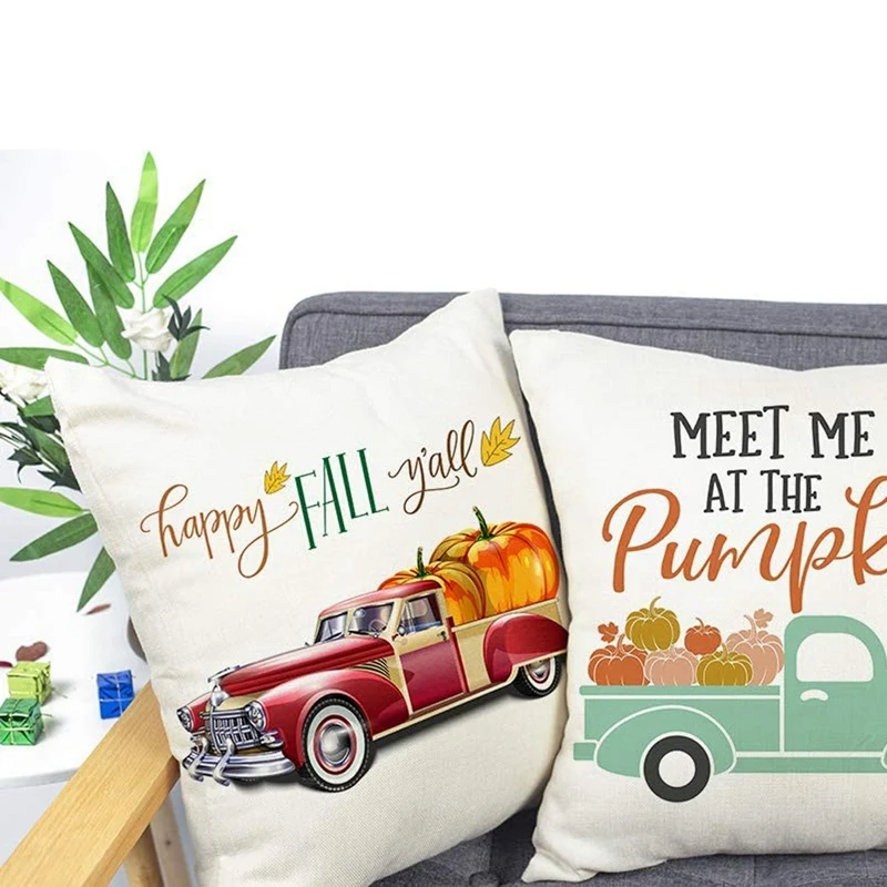 Осенний чехол для подушки Тыква грузовик кленовые листья велосипед фермерский