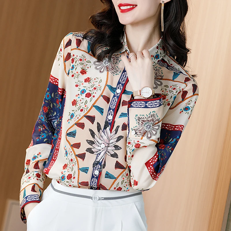 Printemps Automne 100% Soie naturelle Femmes Chemise Élégante Col rabattu À Manches Longues Pur Soie Véritable Vintage Impression Dame Chemisier Hauts