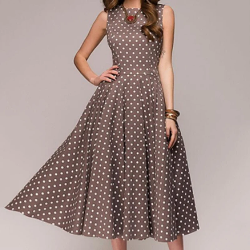 

Summer Vintage Polka Dot Swing Party Dresses Lady Sleeveless o-neck Elegant Dress Casual Boho Midi Dress Robe Female