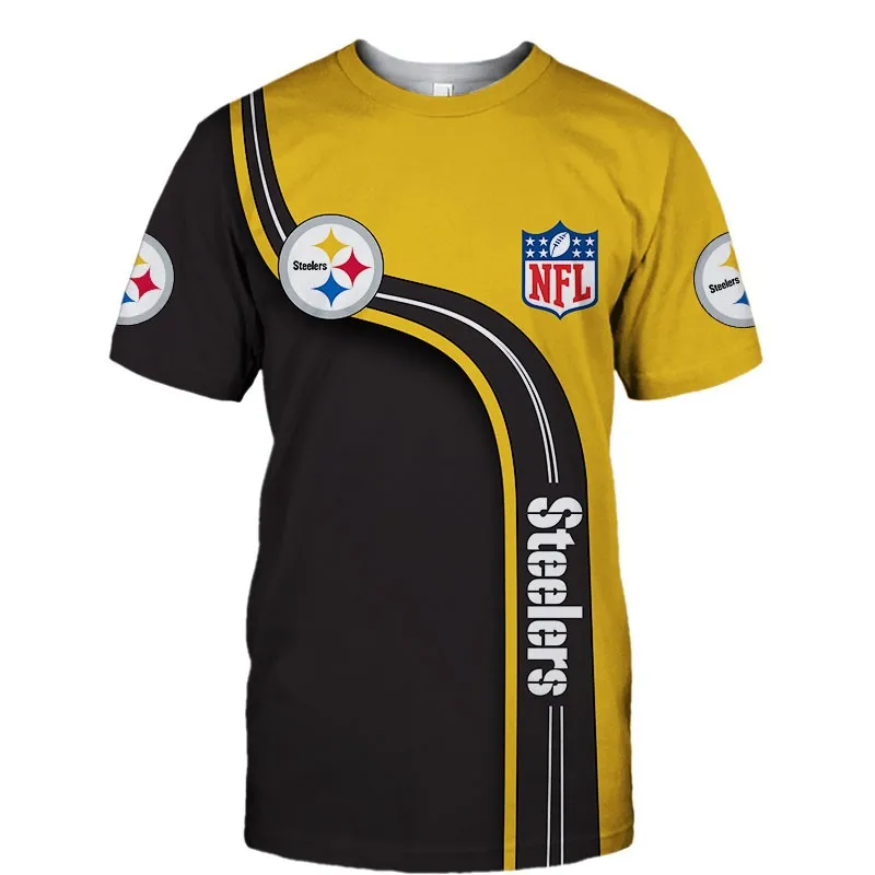 

2021 New Men's Casual Short Sleeve Steelers T-shirt Black Red Stitching Rainbow Ball Print Fashion Tops