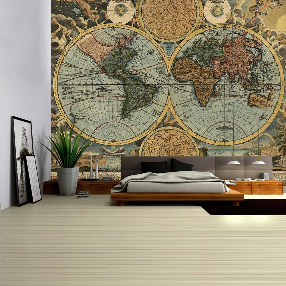 

Vintage World Map 3D Print Fabric Geometric Colorful Compass Wall Hanging Tapestry Retro Oil Painting Pirate Treasure Map