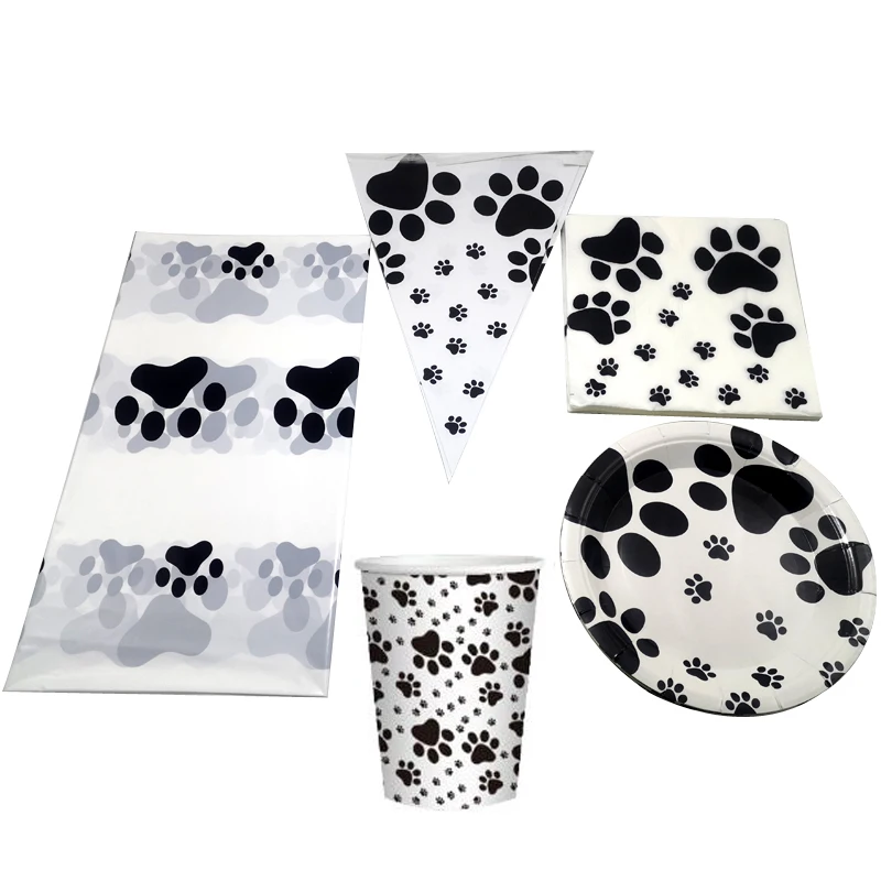 

51pcs/lot Kids Favors Dog Paw Footprints Napkins Plates Flags Baby Shower Banner Decorate Tablecloth Birthday Party Dishes Cups