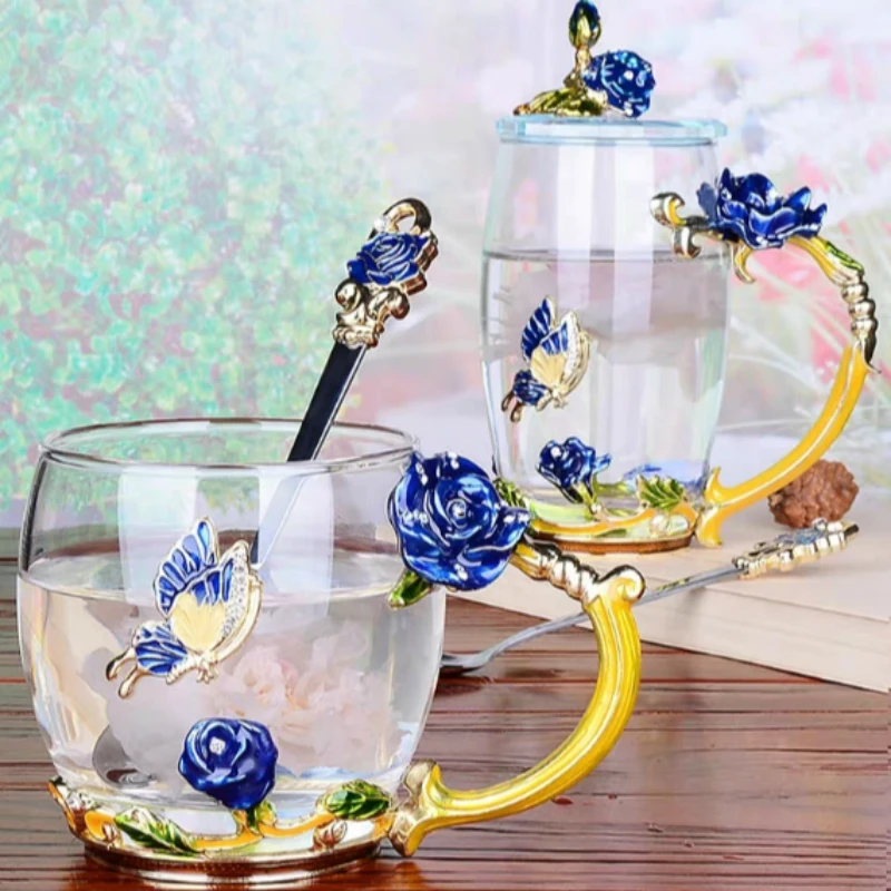 Стеклянная кружка для кофе с эмалью красной розы стеклянная чашка и