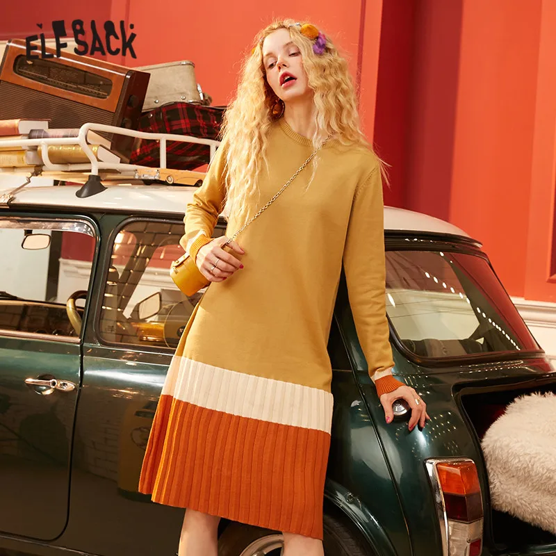 Женское трикотажное платье ELFSACK черное разноцветное пуловер с рюшами и длинным