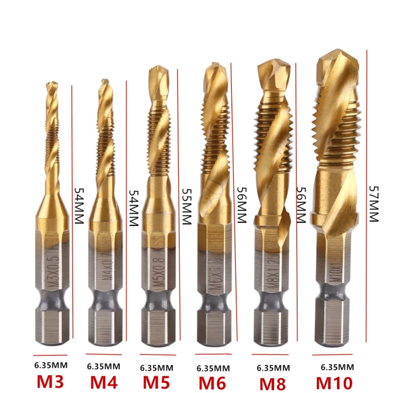 

6Pcs M3 M4 M5 M6 M8 M10 Hex Shank Titanium Plated HSS Screw Thread Metric Tap Drill Bits Hand Tools Set