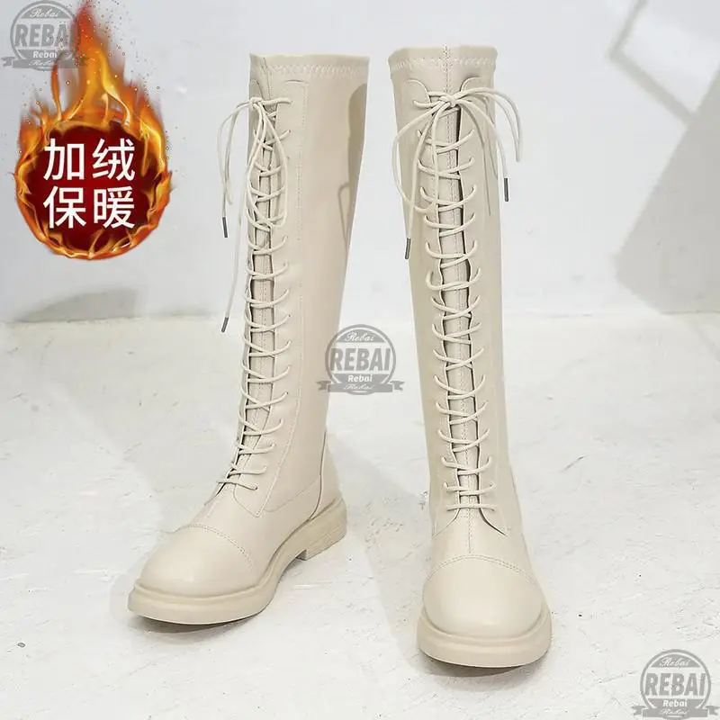 

Women Comfort Knee High Long Boots Winter Shoes Ladies Pu Leather Lace-up Warm Plush Boots 2021 New Female Footwear Fashion