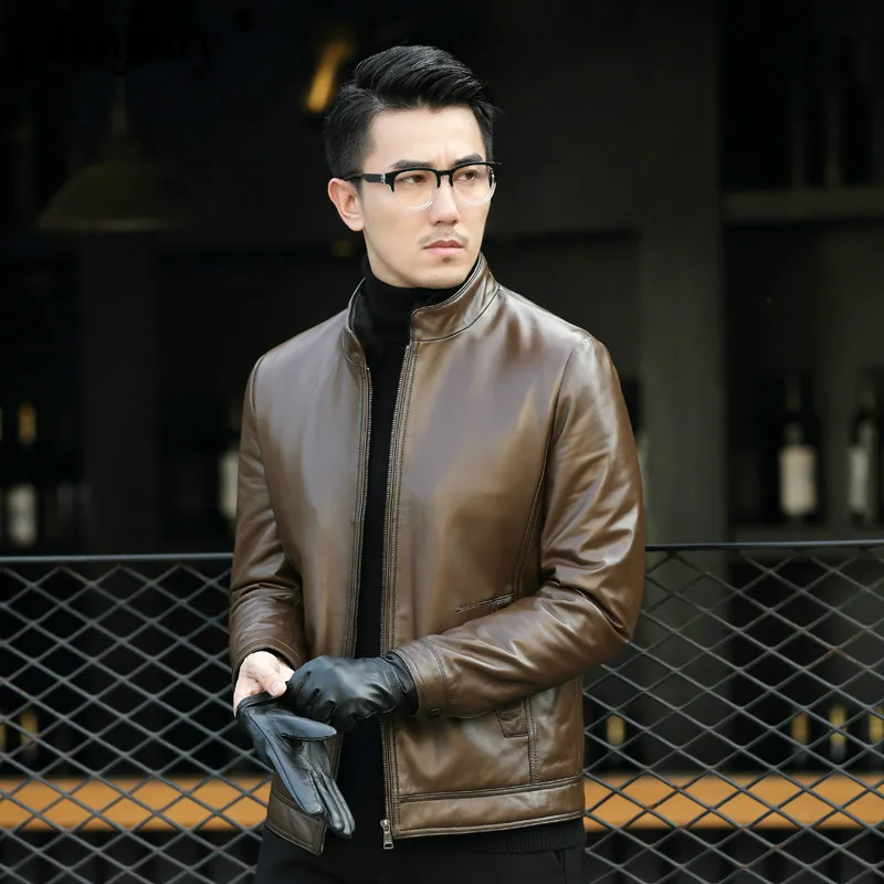 Кожаная мужская куртка 2020 тонкая из натуральной кожи зимняя овечьей на утином