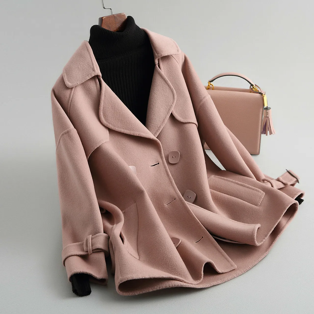 2020 корейское розовое шерстяное пальто женские демисезонные двухсторонние
