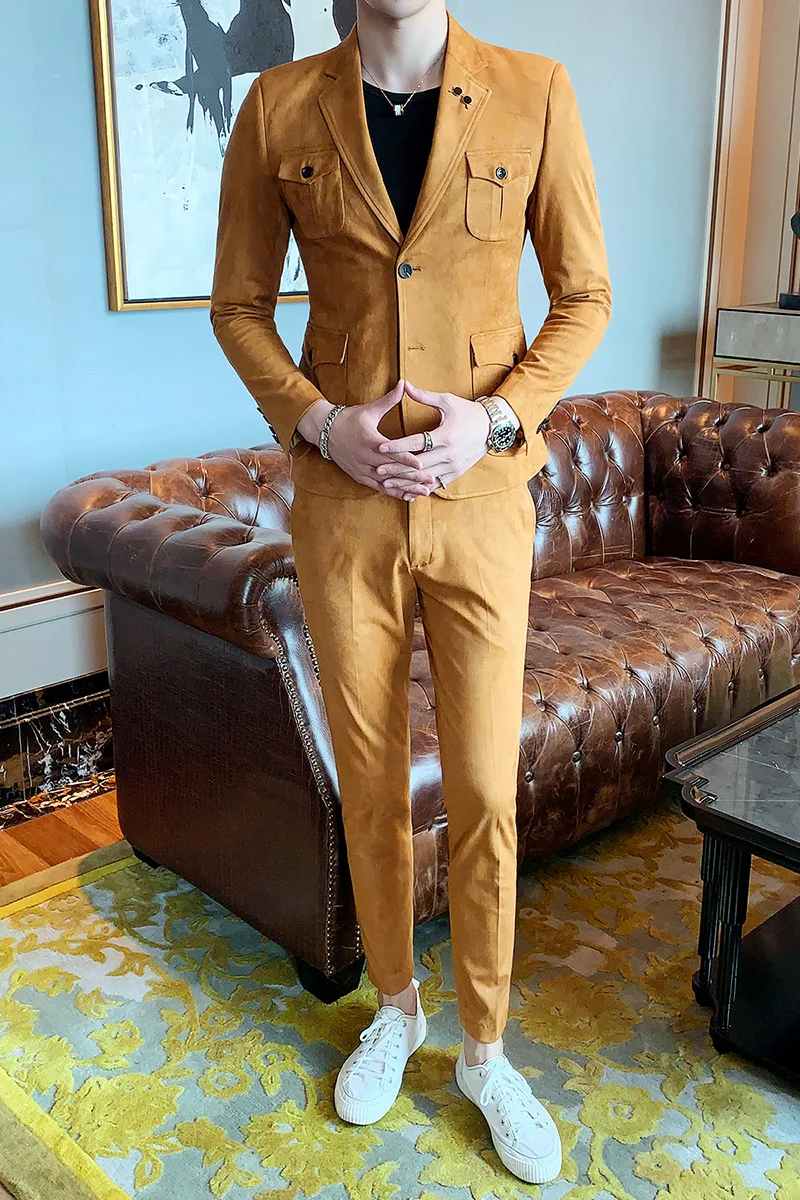 Мужской костюм из оленьей кожи Корейская версия модный британский Повседневный