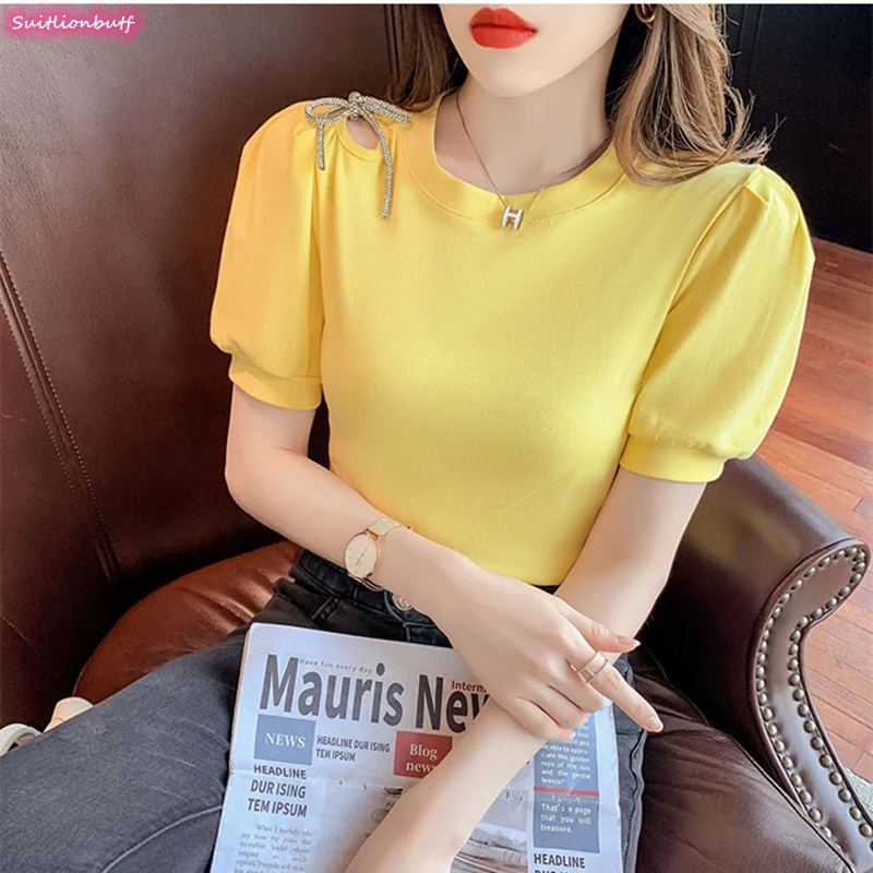

Cotton T-shirt Crystal Bow Tee O-Neck Hollow Out Short Sleeve Korean Tshirt 2021 Summer Casual Crop Top Women Slim Solid Blouses