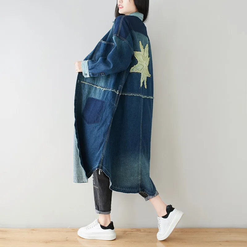 

Spring and autumn wash personality hair must be stitched long retro denim shirt large size loose round windshield women fashion