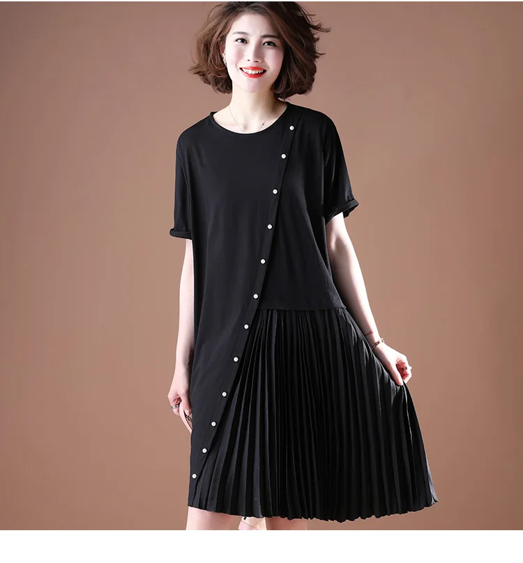 

Летнее шифоновое плиссированное платье большого размера с коротким рукавом и круглым вырезом