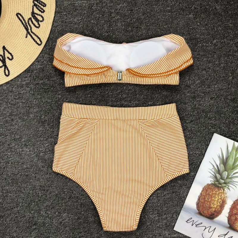 

2020 Sexy Women Bikini Set High Waist Off Should Striped Ruffled Swimsuit Female Push Up Bra Swimwear Beachwear Swimming Biquini