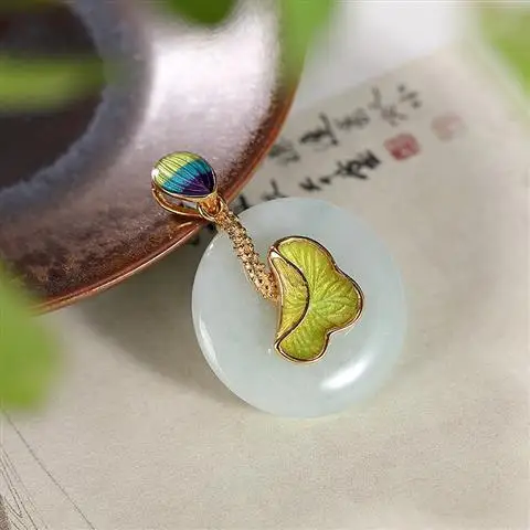 

Chinese Style S925 Sterling Silver Gilding Cloisonne Burnt Blue Lotus Leaf Antique Style Emerald round Jade Pendant Pendant