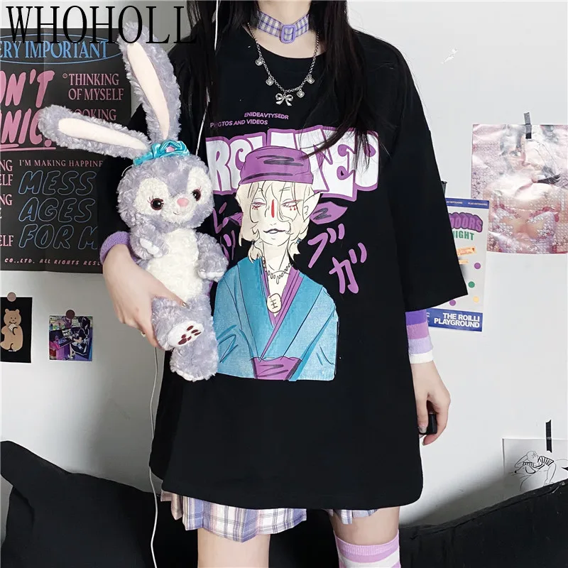 

WHOHOLL T-shirt Female 2021 Summer Women Tshrits Japanese Anime Mononoke Harajuku Print Loose Short Sleeve 0-neck Top
