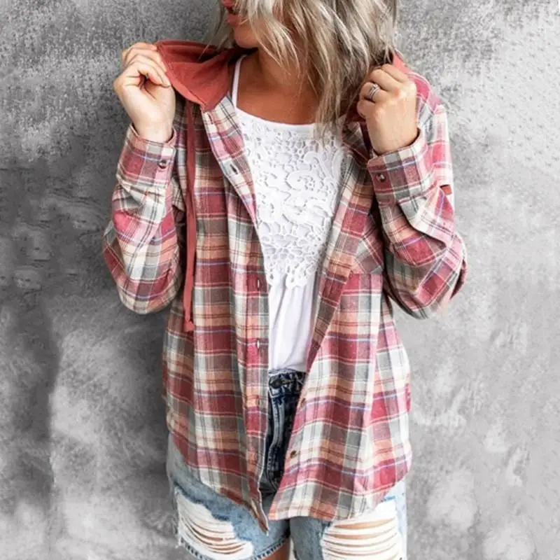 

Клетчатая рубашка, пальто, Повседневная рубашка с длинным рукавом и карманами, на пуговицах, с воротником, свободная куртка с капюшоном, мод...